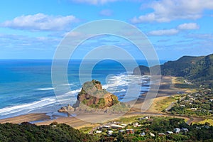 Lion Rock at Piha beach aerial view, New Zealand