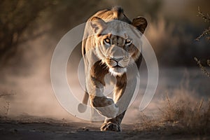 Lion running towards camera in Kruger National Park, South Africa Specie Panthera leo family of Felidae. Generative AI