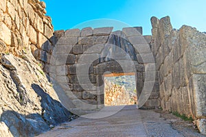 Lion\'s gate, main entrance of the citadel of Mycenae. Archaeological site of Mycenae in Peloponnese, Greece