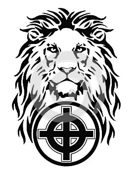 The Lion`s head and celtic cross, drawing for tattoo photo