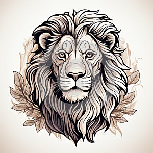 Lion Head Tattoo Style Illustration With Detailed Foliage photo