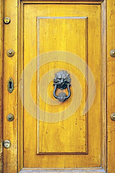 Lion`s head door knocker in a aged wooden door