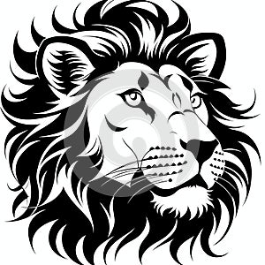 Lion& x27;s head, sticker or tatoo design, black on white background. AI generated image