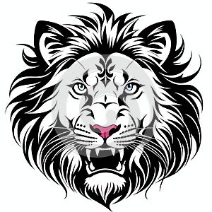 Lion& x27;s head, sticker or tatoo design, black on white background. AI generated image