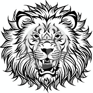 Lion& x27;s head, sticker or tatoo design, black on white background. AI generated image