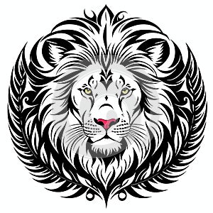 Lion& x27;s head, sticker or tatoo design, black on white background. AI generated image