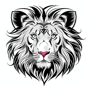 Lion& x27;s head, sticker or tatoo design, black on white background. AI generated image