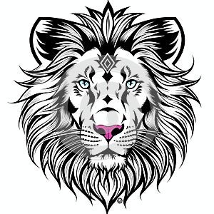 Lion& x27;s head, sticker or tatoo design, black on white background. AI generated image