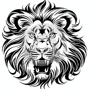 Lion& x27;s head, sticker or tatoo design, black on white background. AI generated image