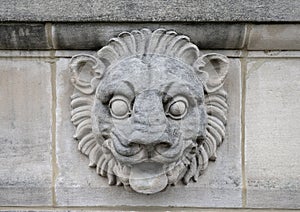 Lion`s head stone sculpture on the front of the Saint Louis Art Museum in Forest Park in Saint Louis, Missouri.