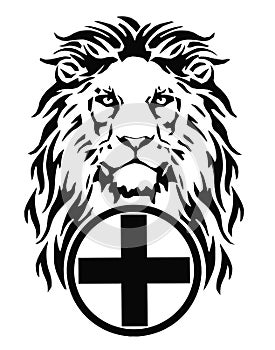 The Lion`s head and the symbol of Christianity - the catholic cross, drawing for tattoo