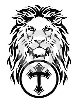 The Lion`s head and the symbol of Christianity - the catholic cross, drawing for tattoo