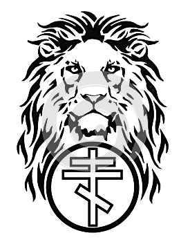 The Lion`s head and the symbol of Christianity - the catholic cross, drawing for tattoo