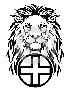 The Lion`s head and the symbol of Christianity - the catholic cross, drawing for tattoo