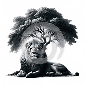 Lion\'s Regal Repose Under Tree, AI generated