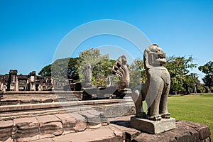 Lion sandstone statue in Phimai historical park and ancient castle in Nakhon Ratchasima, Thailand