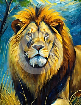A lion on the savannah depicted in a painterly style