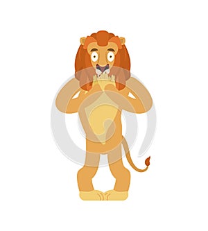 Lion scared OMG. Wild animal Oh my God emoji. Frightened beast.