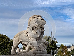 Lion sculpture in Castle Garden Bazaar at Royal palace of Buda in Budapest