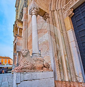 The lion sculpture of Piacenza Cathedral, Italy