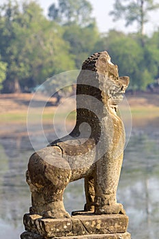 Lion sculpture in Sras Srang, Angkor Temples. Cambodia