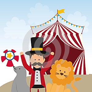 Lion, seal and tamer icon. Circus and Carnival design. Vector gr