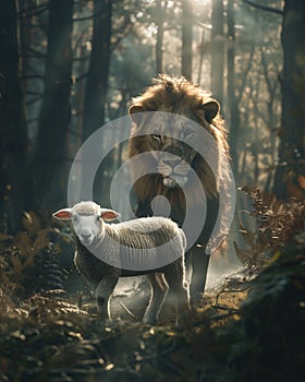 Lion and Sheep Encounter in Forest