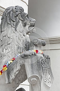 Lion with shield guarding Lviv Town Hall, Ukraine