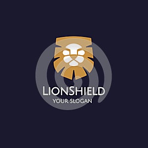 Lion shield logo design template, elegant lion head vector illustration on a dark background