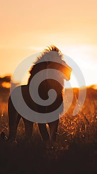 Lion silhouette with the Savanna sunset\'s warm light illuminates