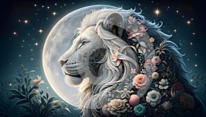 a lion is sitting in the grass by a full moon