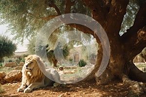 Lion sitting under Olive Tree in Jerusalem