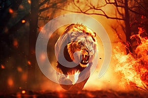 A lion standing in front of a raging wildfire in the forest, symbolizing the threat of environmental destruction