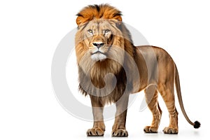 Lion standing and looking at camera, isolated on white background