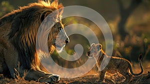 a lion standing protectively in front of his baby, nestled safely underneath, symbolizing strength, love, and familial