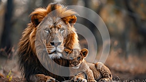 a lion standing protectively in front of his baby, nestled safely underneath, symbolizing strength, love, and familial