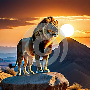 lion standing on rock in the middle of desert arewith mountains in the