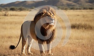 A lion stands confidently in the center of a vast field, its majestic mane blowing in the wind.