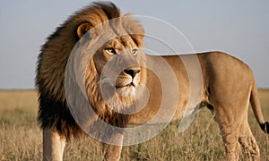 A lion stands confidently in the center of a vast field, its majestic mane blowing in the wind.