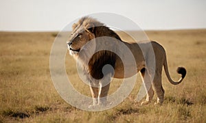 A lion stands confidently in the center of a vast field, its majestic mane blowing in the wind.