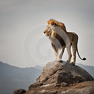 The lion stands majestically on top of a massive rock, surveying the surroundings photo