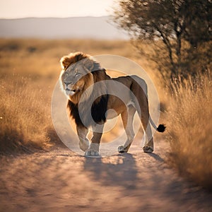 a lion stands in the middle of a dirt road and walks on it's