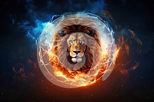 A lion stands proudly as a fiery ring surrounds it, symbolizing the Zodiac sign Leo