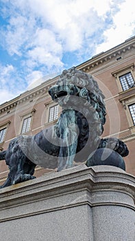 Lion statue in front of the Kungliga slottet, Stockholmâ€™s royal palace