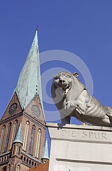 Lion statue in front of Schwerin cathedral