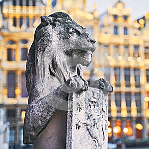 Lion Statue at the Grand Place in Brussels, Belgium at dusk