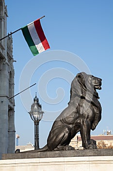 Lion statue and Hungary flag .