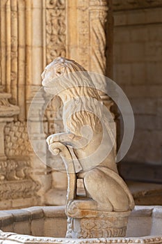 Lion statue in Jeronimos Monastery, Belem, Lisbon, Portugal