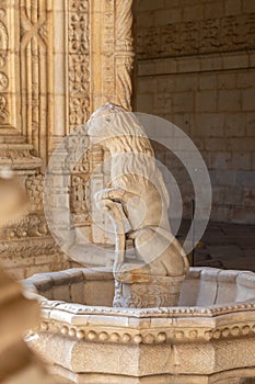 Lion statue in Jeronimos Monastery, Belem, Lisbon, Portugal