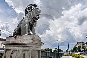 Lion statue at Lion`s Bridge in Sofia, Bulgaria